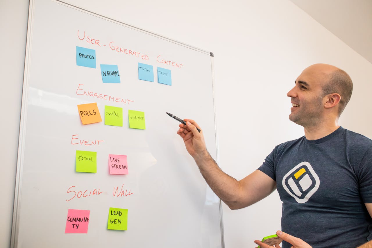 Smiling man presents strategies on a whiteboard with post-its, focusing on engagement and user-generated content.
